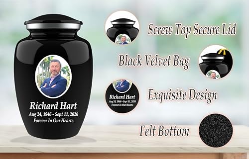 Personalized Photo Cremation Urn with Engraving - 200lbs Capacity Black Velvet Bag