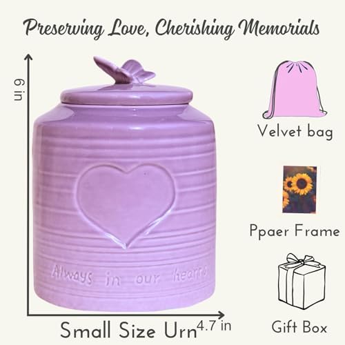 Small Purple Urn for Human Ashes - Heart and Butterfly Design