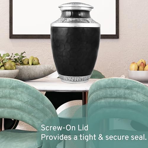 Handcrafted Metal Urn for Ashes - 10 Inch 200 Lbs Capacity Black and Silver
