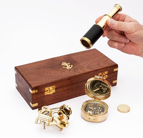 Wooden Brass Box with Sextant Telescope and Compass