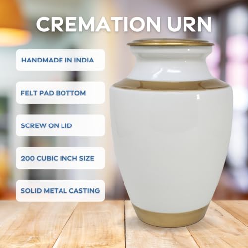 White Cremation Urn with Gold Metal Accent - Large Adult Urn