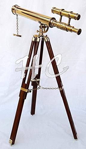Marine Nautical Navy Brass Double Barrel Telescope with Wooden Tripod Stand
