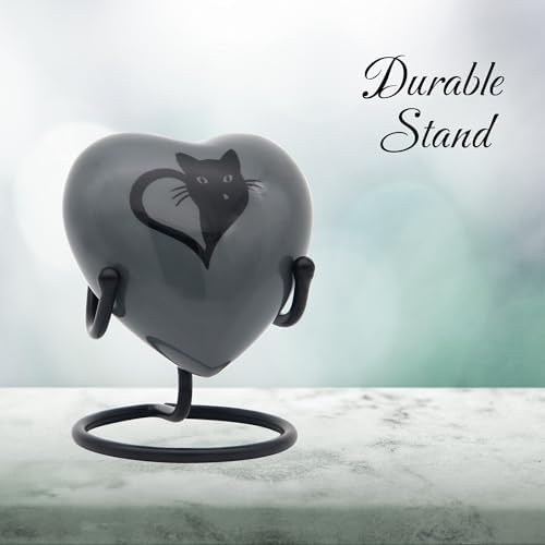 Black Cat Heart Urn for Pet Ashes with Stand