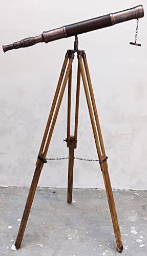 Vintage Double Barrel Telescope with Teak Tripod Stand