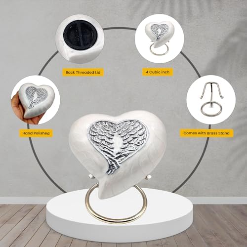 Handcrafted White Heart Urn with Angel Wings