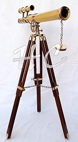 Marine Nautical Navy Brass Double Barrel Telescope with Wooden Tripod Stand