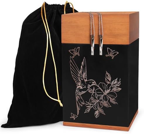 Black Walnut Hummingbird Urn for Cremation Ash Elegant Wooden Memorial Urn with Keepsake Necklaces and Velvet Bag