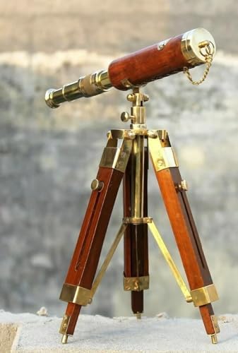 Antique Nautical Brass Telescope With Leather Covering and Wooden Tripod Stand
