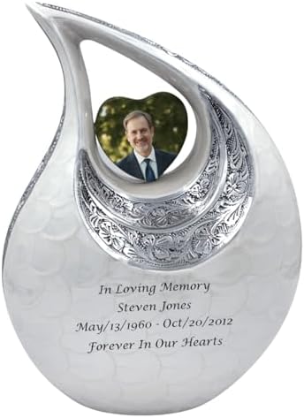 White Teardrop Cremation Urn with Silver Heart and Velvet Bag
