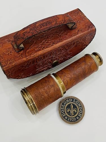 Antique Brass Telescope with Leather Case Handheld Nautical Decor