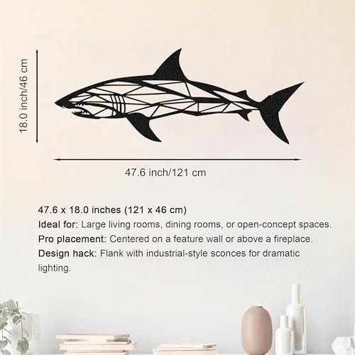 Shark Wall Art Metal Decor Silver 476x180 Inch