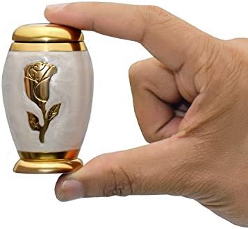 Small Funeral Cremation Urn White Pearl Gold Rose Flower Miniature Memorial Keepsake