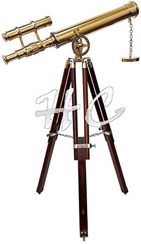 Marine Nautical Navy Brass Double Barrel Telescope with Wooden Tripod Stand