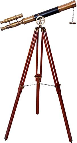 Double Barrel Antique Telescope with Wooden Tripod Stand