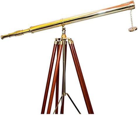 Vintage Floor Standing Brass Telescope with Brown Wooden Tripod