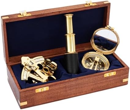 Wooden Brass Box with Sextant Telescope and Compass