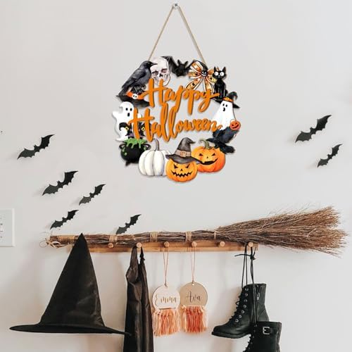 Spooky Halloween Wood Wreath Decor with Ghost and Skull