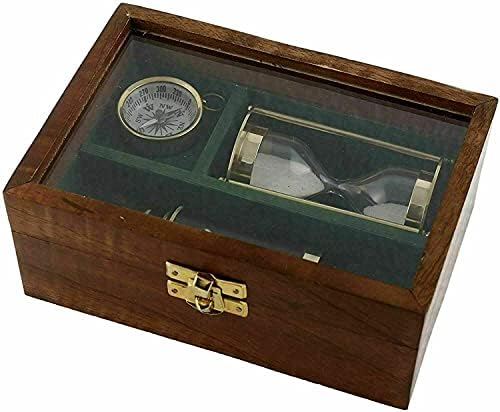 Antique Brass Pirate Compass Telescope Timer with Wooden Box