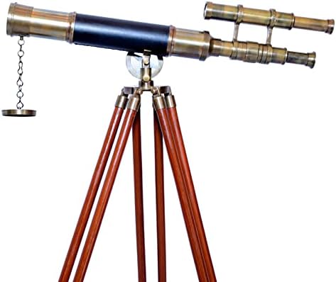 Nautical Antique Brass Double Barrel Spyglass Telescope with Wooden Tripod