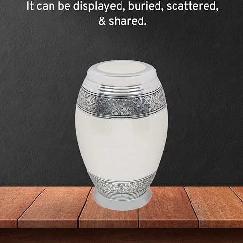 Handcrafted Metal Cremation Urn - Elegant White Silver 105 Inch