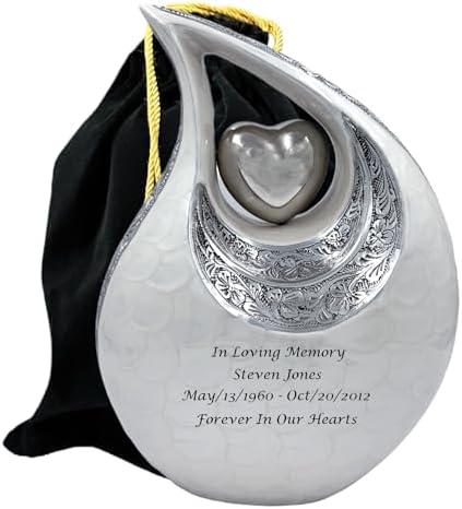 White Teardrop Cremation Urn with Silver Heart and Velvet Bag