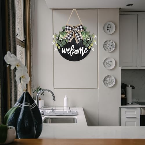 Welcome Door Sign Rustic Round Wood Wreath with Faux Greenery and Bow