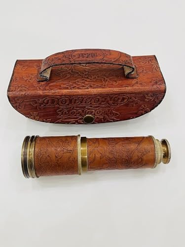 Antique Brass Telescope with Leather Case Handheld Nautical Decor