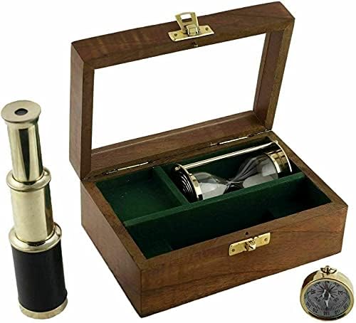 Antique Brass Pirate Compass Telescope Timer with Wooden Box