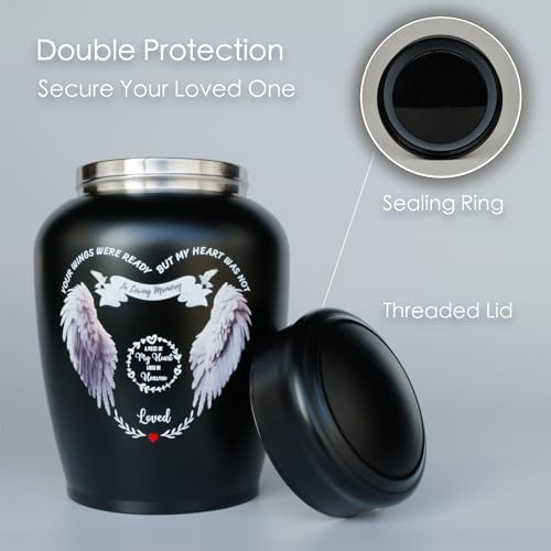 Angel Wings Urn with Photo Necklace 180 lbs Capacity Black Large