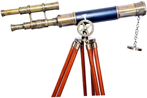 Nautical Antique Brass Double Barrel Spyglass Telescope with Wooden Tripod