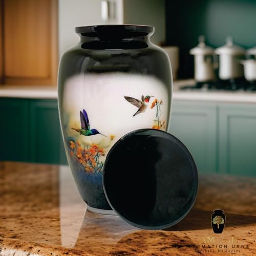 Handcrafted Memorial Urn with Secure Lid Black Hummingbird Design