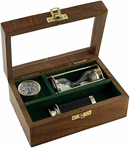 Antique Brass Pirate Compass Telescope Timer with Wooden Box