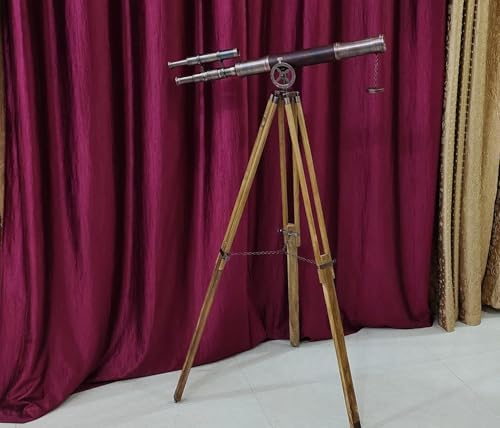 Antique Double Barrel Telescope with Dark Brown Leather Cover