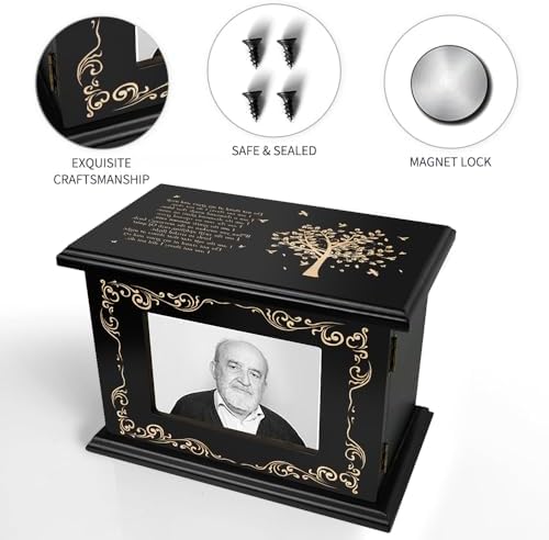 Cremation Urn for Human Ashes with Photo Frame - Wooden Urn Black Tree