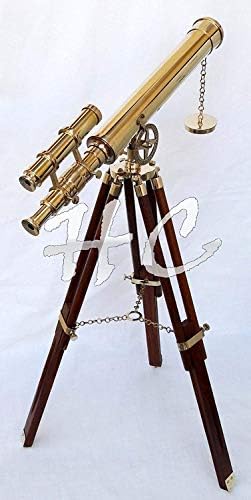 Marine Nautical Navy Brass Double Barrel Telescope with Wooden Tripod Stand