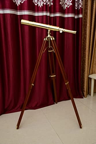 Nautical Brass Telescope with Wooden Tripod and Chrome Compass