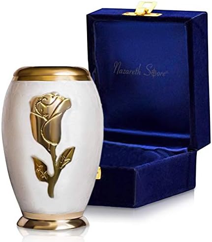 Small Funeral Cremation Urn White Pearl Gold Rose Flower Miniature Memorial Keepsake