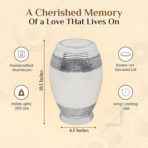 Handcrafted Metal Cremation Urn - Elegant White Silver 105 Inch