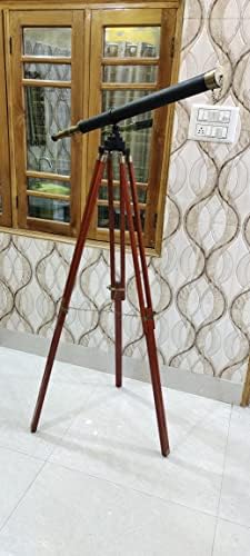 Vintage Wooden Tripod Telescope with Brass Finish