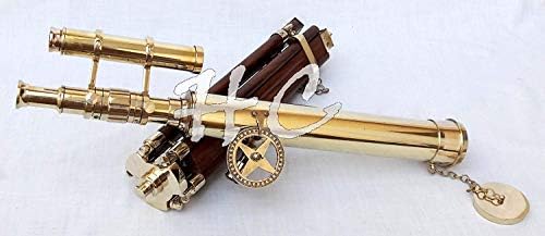 Marine Nautical Navy Brass Double Barrel Telescope with Wooden Tripod Stand