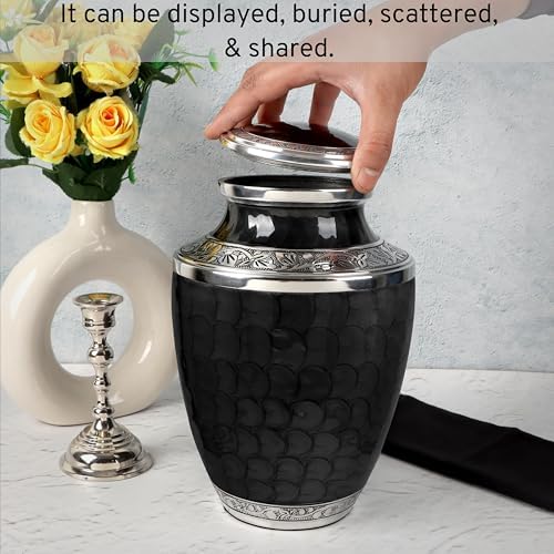 Handcrafted Metal Urn for Ashes - 10 Inch 200 Lbs Capacity Black and Silver