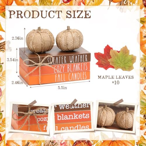 Fall Wood Book Stack with Maple Leaves and Pumpkins