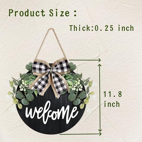 Welcome Door Sign Rustic Round Wood Wreath with Faux Greenery and Bow