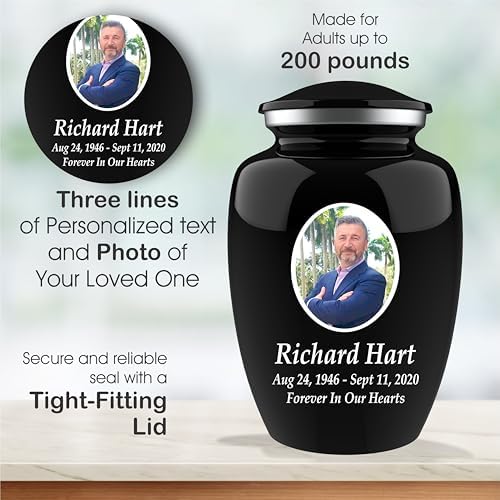 Personalized Photo Cremation Urn with Engraving - 200lbs Capacity Black Velvet Bag