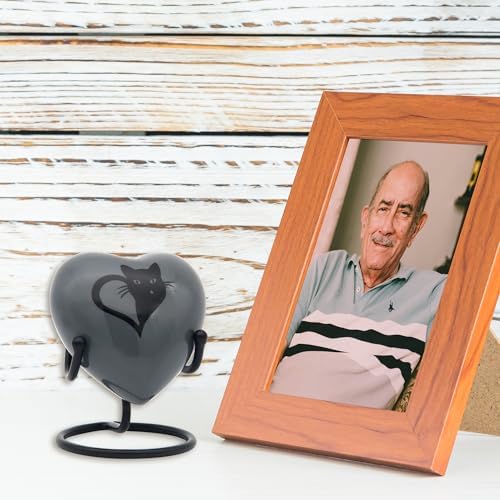 Black Cat Heart Urn for Pet Ashes with Stand