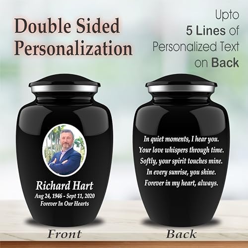 Personalized Photo Cremation Urn with Engraving - 200lbs Capacity Black Velvet Bag
