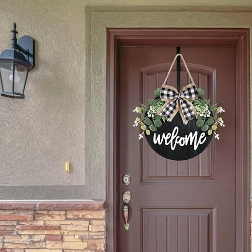 Welcome Door Sign Rustic Round Wood Wreath with Faux Greenery and Bow