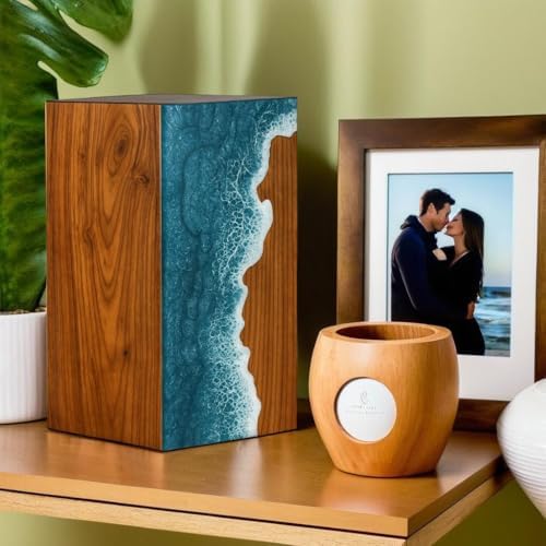 Handcrafted Wooden Urn for Human Ashes Ocean Wave Design