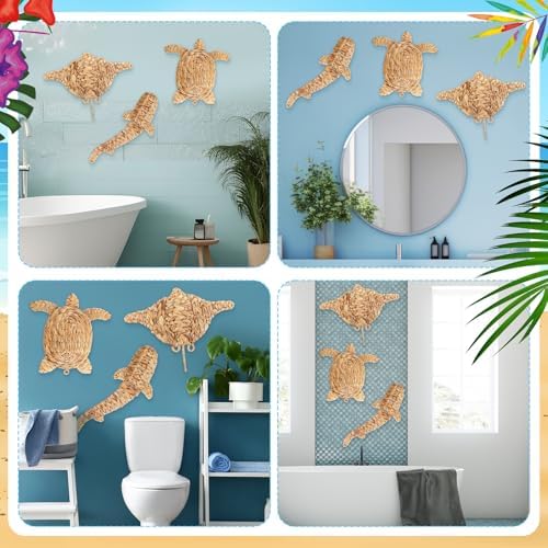 3 Pcs Boho Beach Theme Wall Decor Handmade Wicker Sea Turtle Stingray Shark Decor