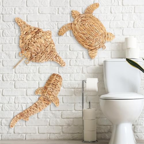 3 Pcs Boho Beach Theme Wall Decor Handmade Wicker Sea Turtle Stingray Shark Decor